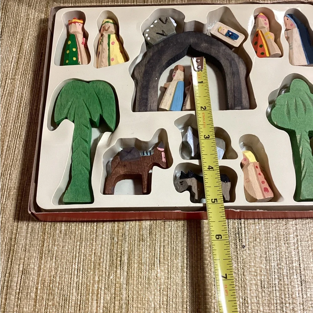 Hand-Painted and Carved Wooden Nativity Set - Multicolor